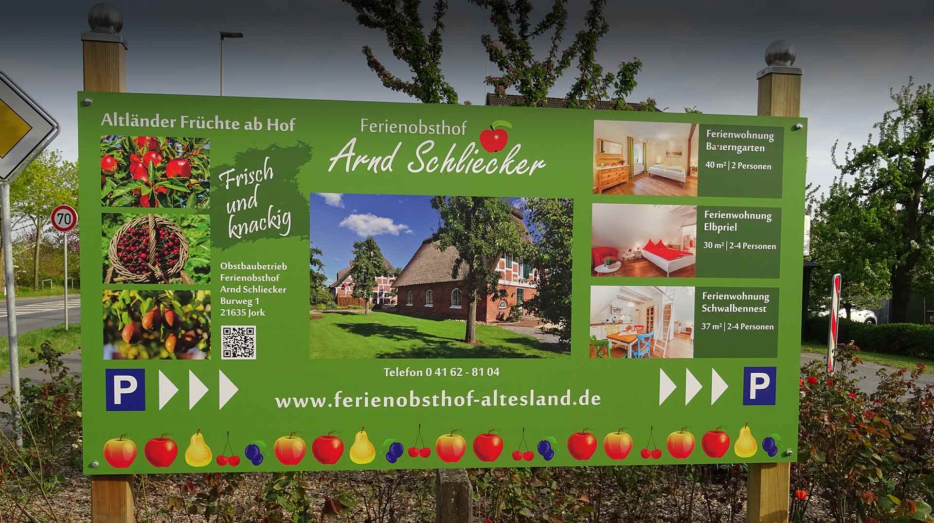 Werbeschild Ferienobsthof Altes Land in Jork